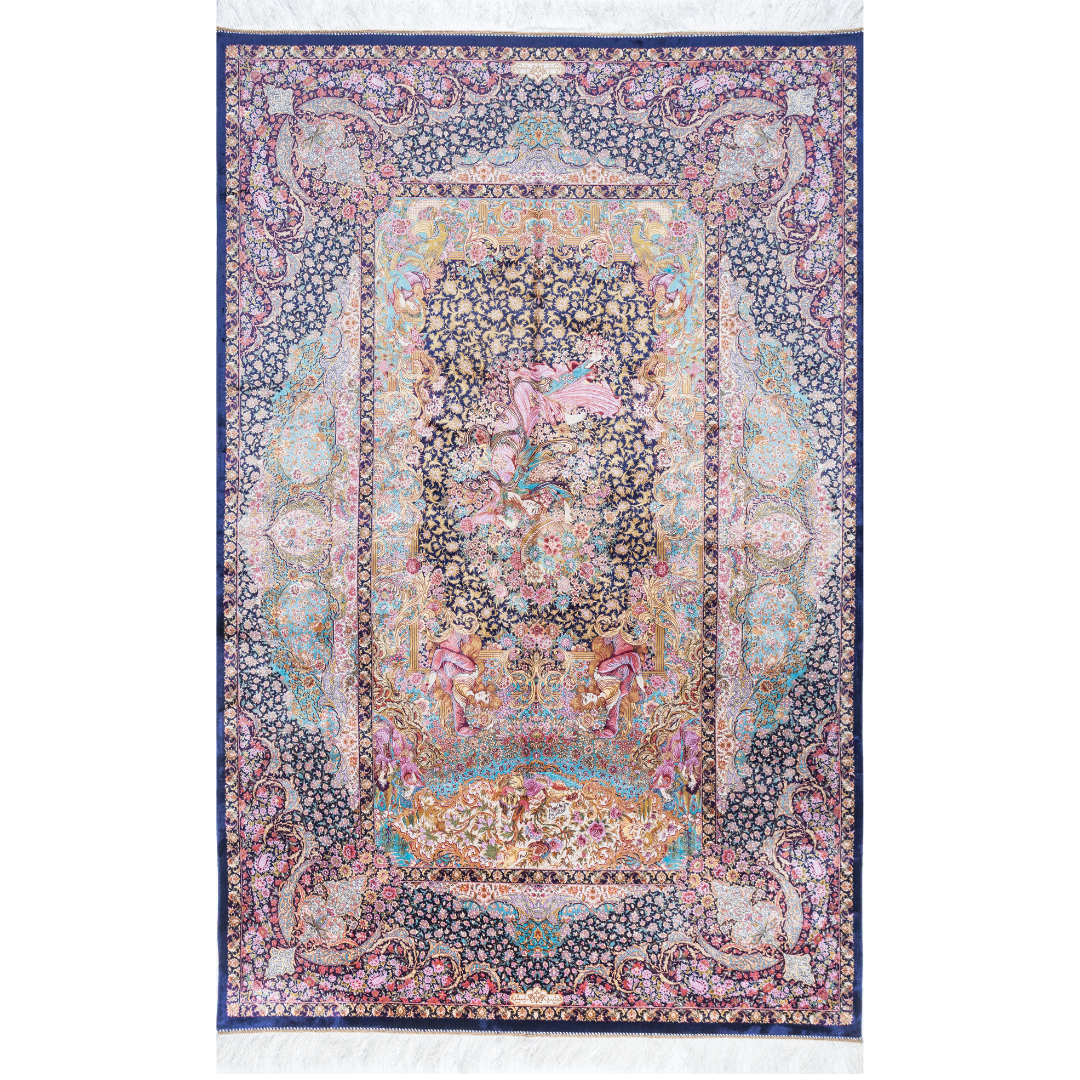 Elegant silk rug in navy, pink, gold, and turquoise with detailed Persian-inspired floral and dancer motifs.