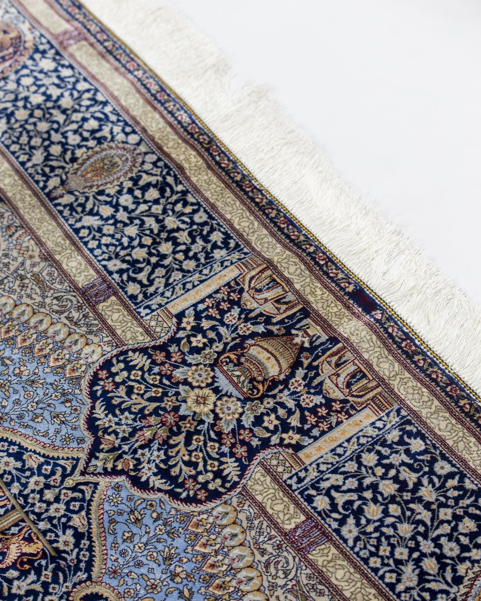 Soraya Persian silk carpet pile texture close-up, navy 225x150 cm - Tabeer Homes Dubai