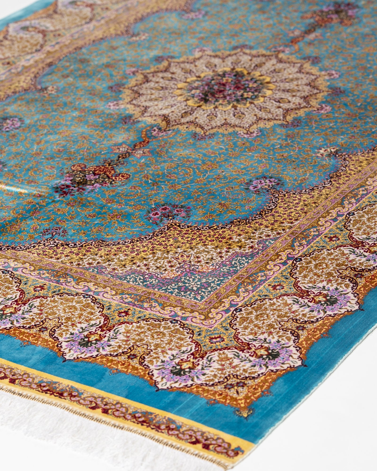 Thalia Persian silk carpet border and pattern detail, teal 225x150 cm - Tabeer Homes Dubai