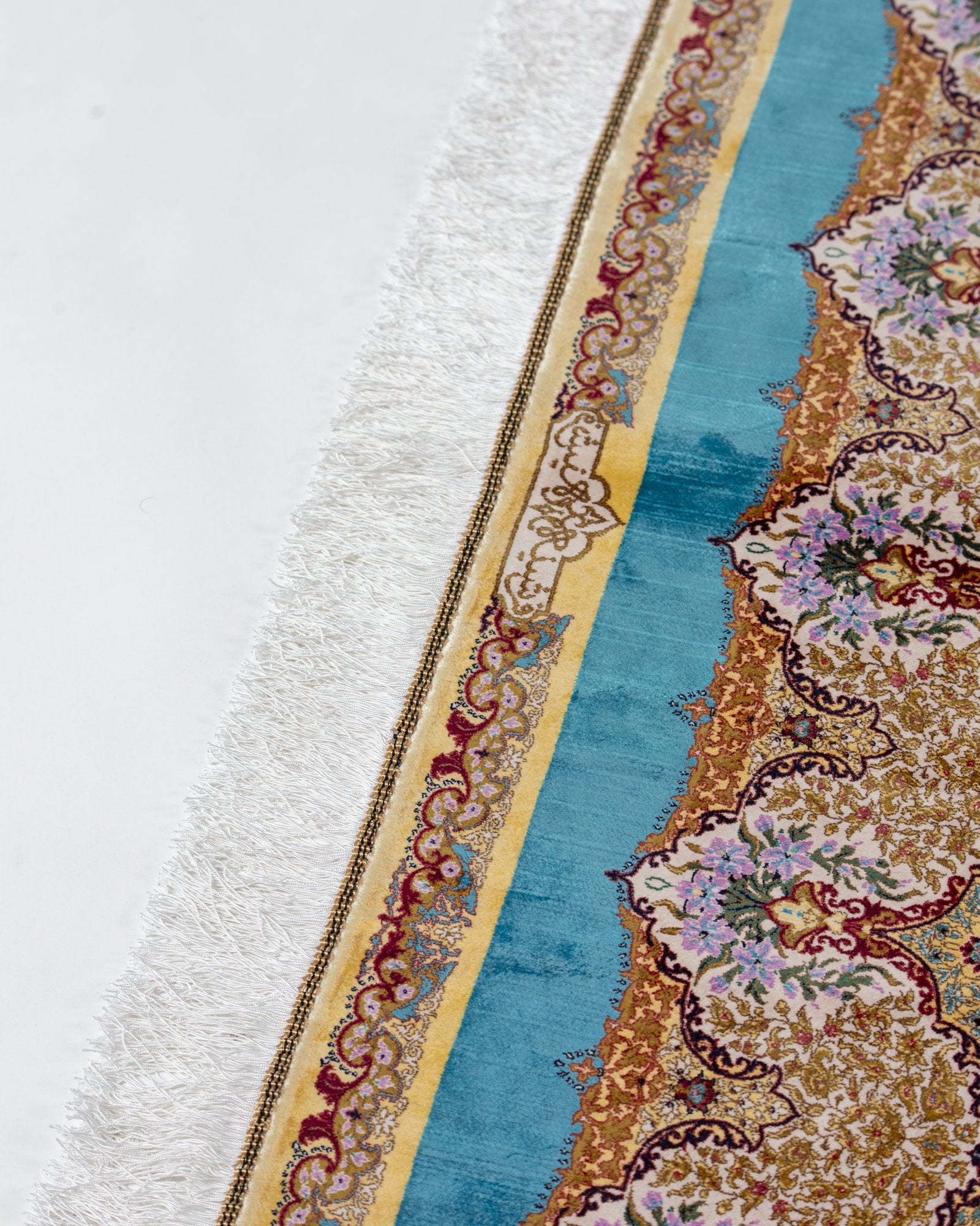 Thalia Persian silk carpet pile texture close-up, teal 225x150 cm - Tabeer Homes Dubai