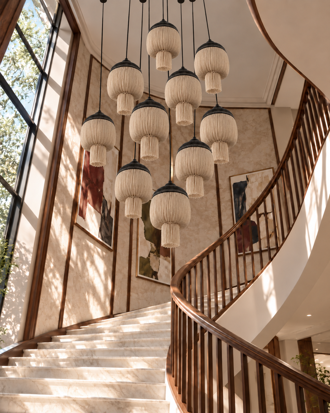 The Acorn Chandelier by The Qratist features ten sculptural outdoor rope pendants with stainless steel detailing suspended in a dramatic cascading composition.