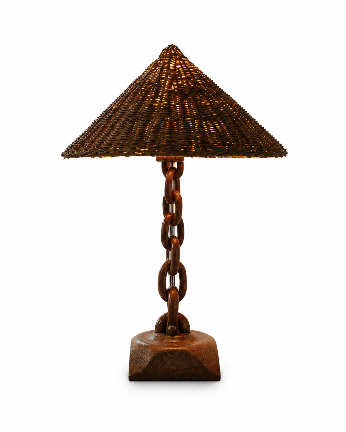 The Anchor Table Lamp by The Qratist features a handcrafted solid wood chain base with a woven wicker shade, creating a warm coastal inspired table lamp with natural ambient illumination.