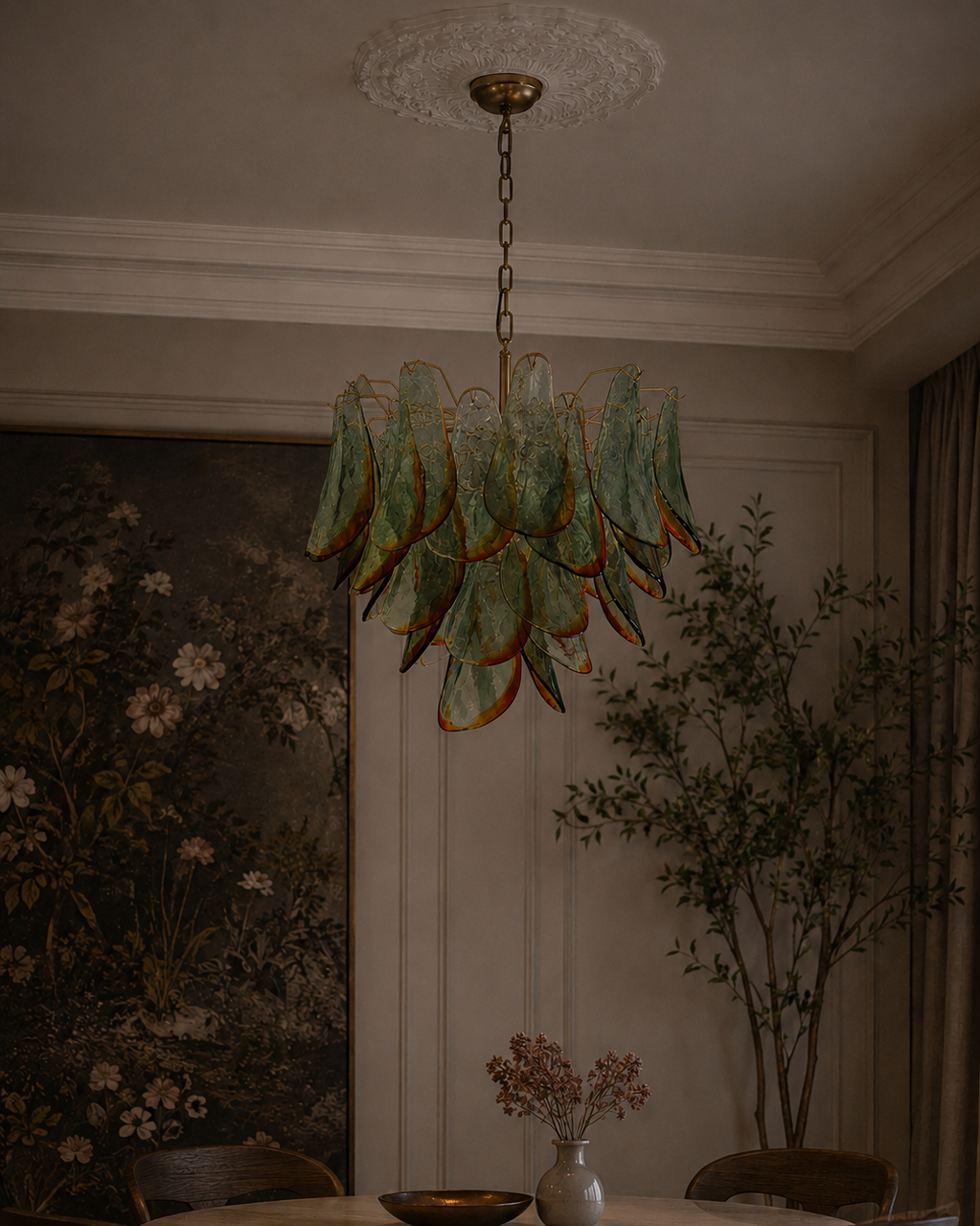 The Botanic Chandelier by The Qratist features handcrafted green and amber glass leaves layered around a refined metal frame, creating a sculptural botanical statement inspired by nature.