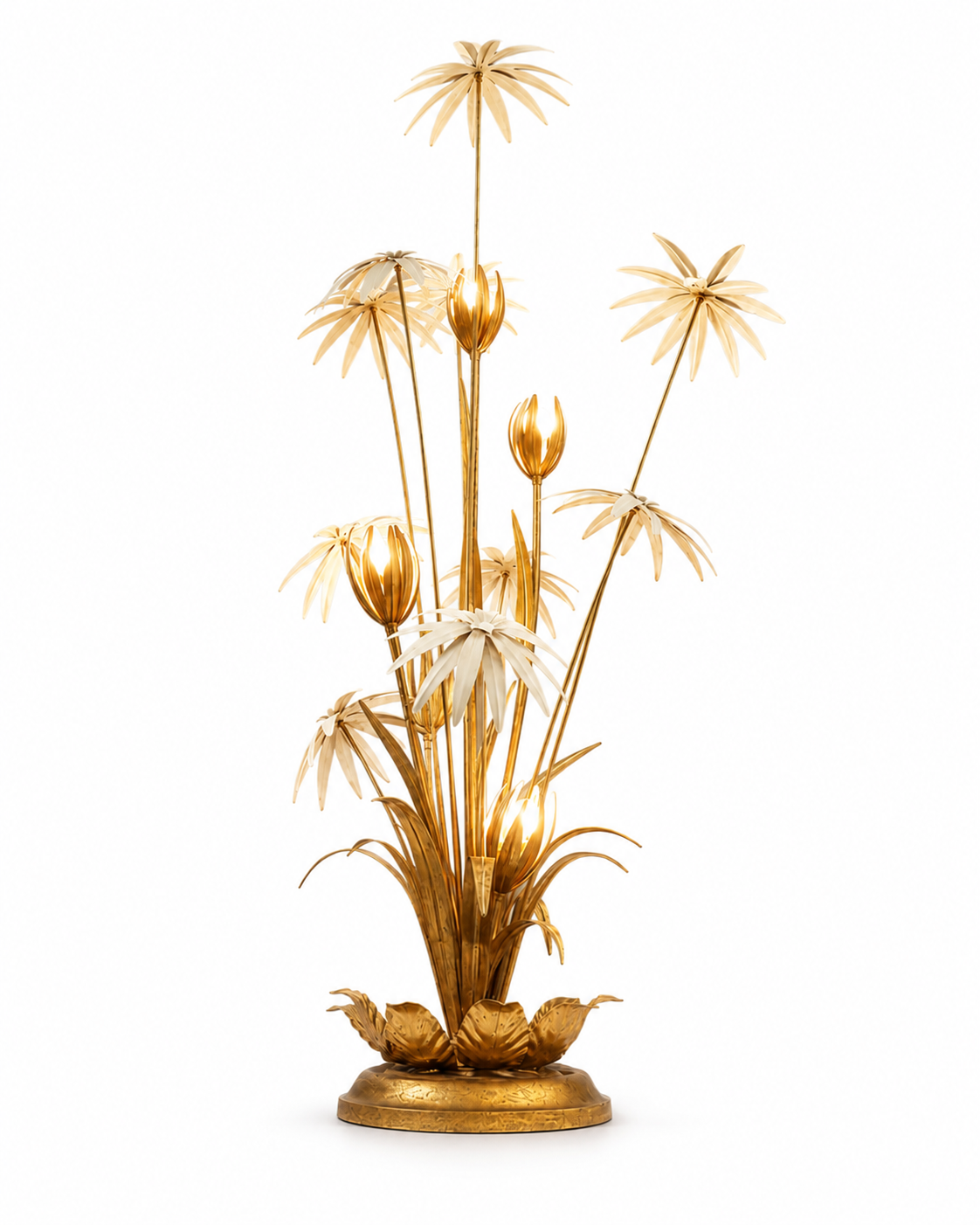The Bouquet Floor Lamp by The Qratist features handcrafted gold and bronze finished metal flowers and foliage arranged in a sculptural botanical composition, creating warm ambient illumination.