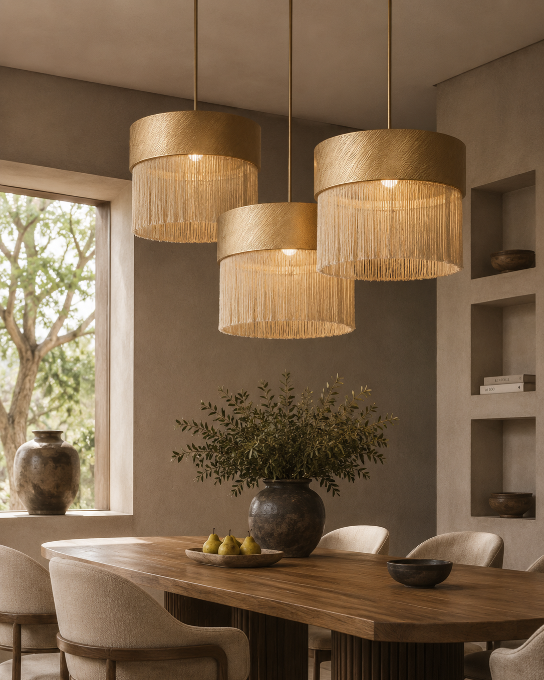 The Cabaret Chandelier by The Qratist features textured cotton pendant shades with cascading fringe suspended from elegant brass fittings, creating a sophisticated Art Deco inspired lighting composition.