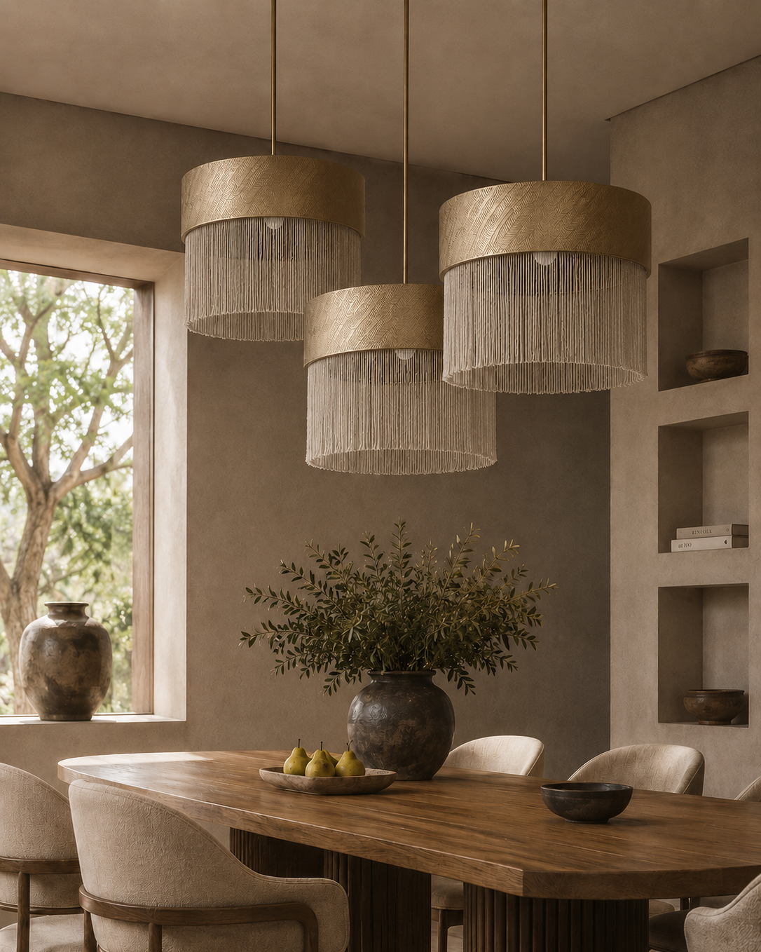 The Cabaret Chandelier by The Qratist features textured cotton pendant shades with cascading fringe suspended from elegant brass fittings, creating a sophisticated Art Deco inspired lighting composition.