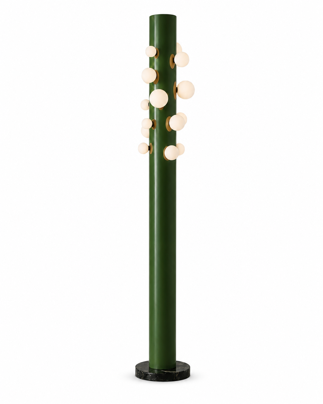 The Cactus Floor Lamp by The Qratist features a sculptural green metal column surrounded by glowing opal glass globes and anchored by a solid black marble base, creating a contemporary botanical lighting statement.