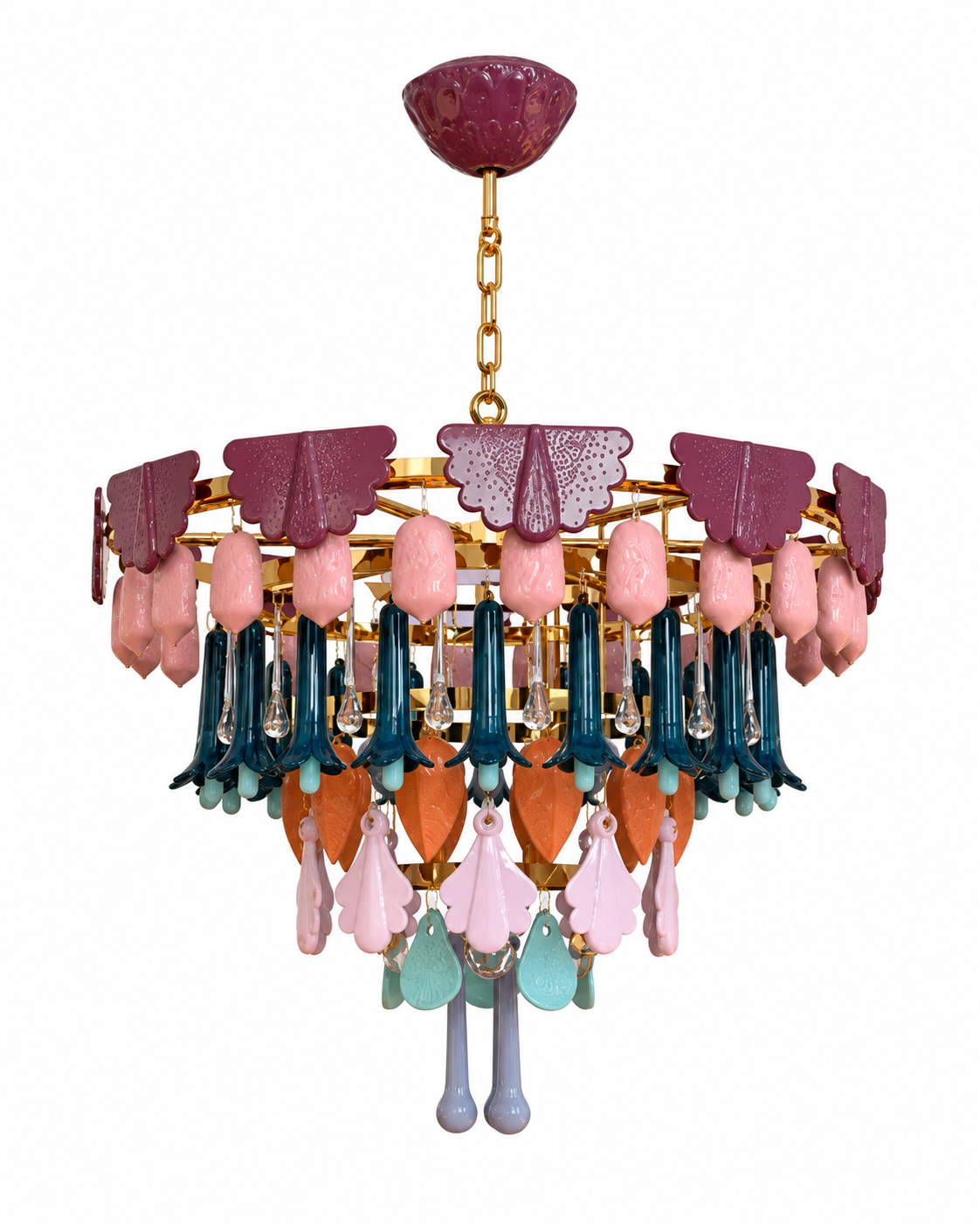The Canopy Chandelier by The Qratist features handcrafted porcelain petals and coloured glass accents suspended from a gold plated frame, creating a layered botanical statement inspired by a flourishing garden canopy.
