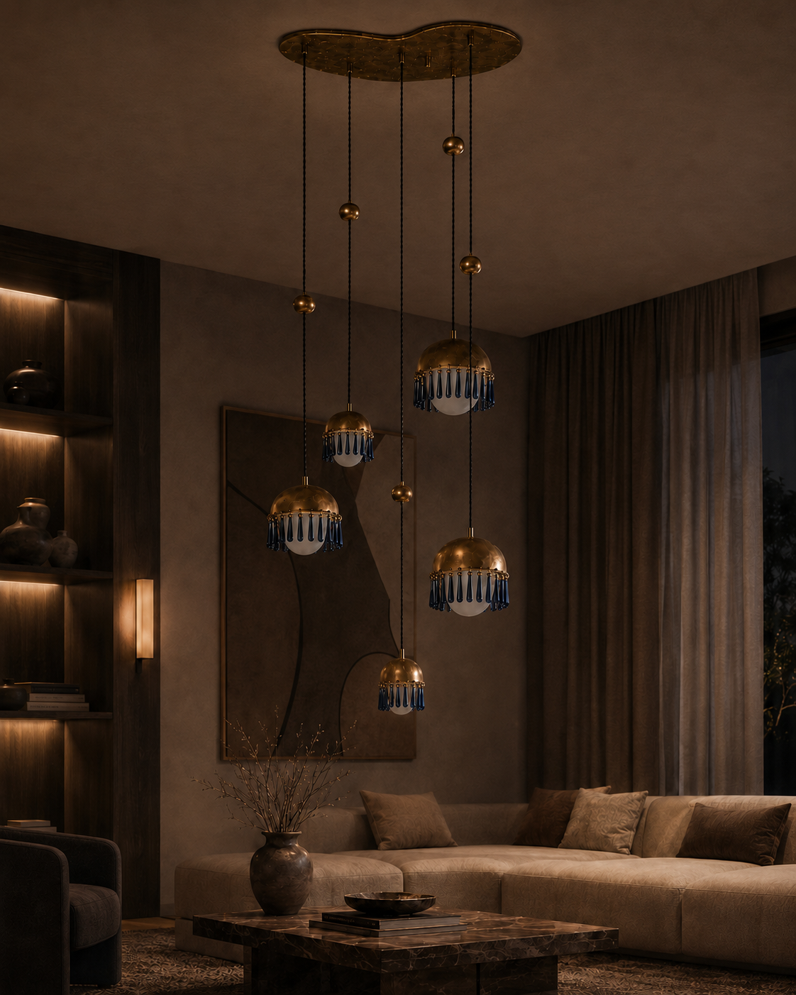 The Chime Chandelier by The Qratist features polished brass dome pendants with handcrafted porcelain drops suspended in a cascading cluster arrangement, creating an elegant sculptural lighting statement.