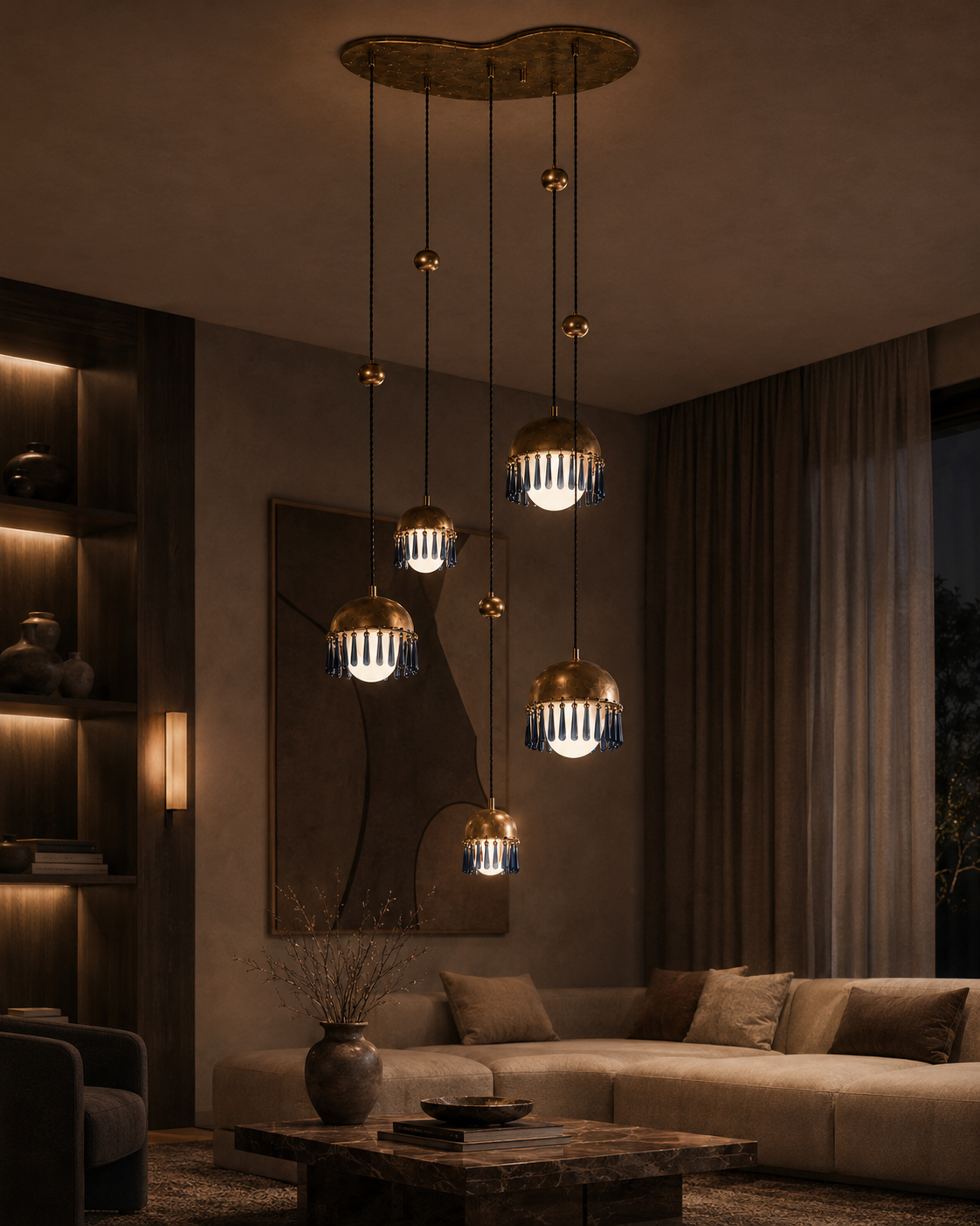 The Chime Chandelier by The Qratist features polished brass dome pendants with handcrafted porcelain drops suspended in a cascading cluster arrangement, creating an elegant sculptural lighting statement.