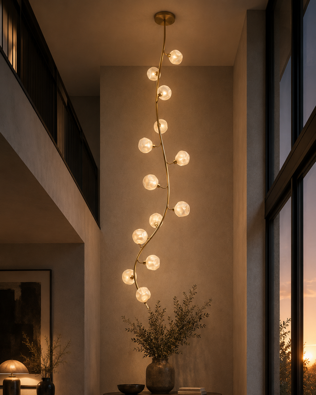 The Constellation Chandelier by The Qratist features a sculptural matte gold branching frame adorned with handcrafted glowing milky glass globes, creating an elegant botanical lighting statement.