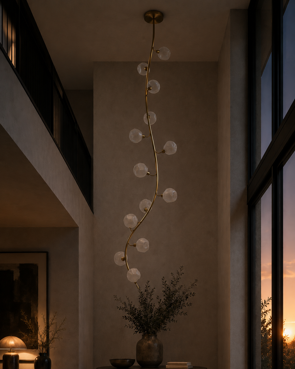 The Constellation Chandelier by The Qratist features a sculptural matte gold branching frame adorned with handcrafted glowing milky glass globes, creating an elegant botanical lighting statement.