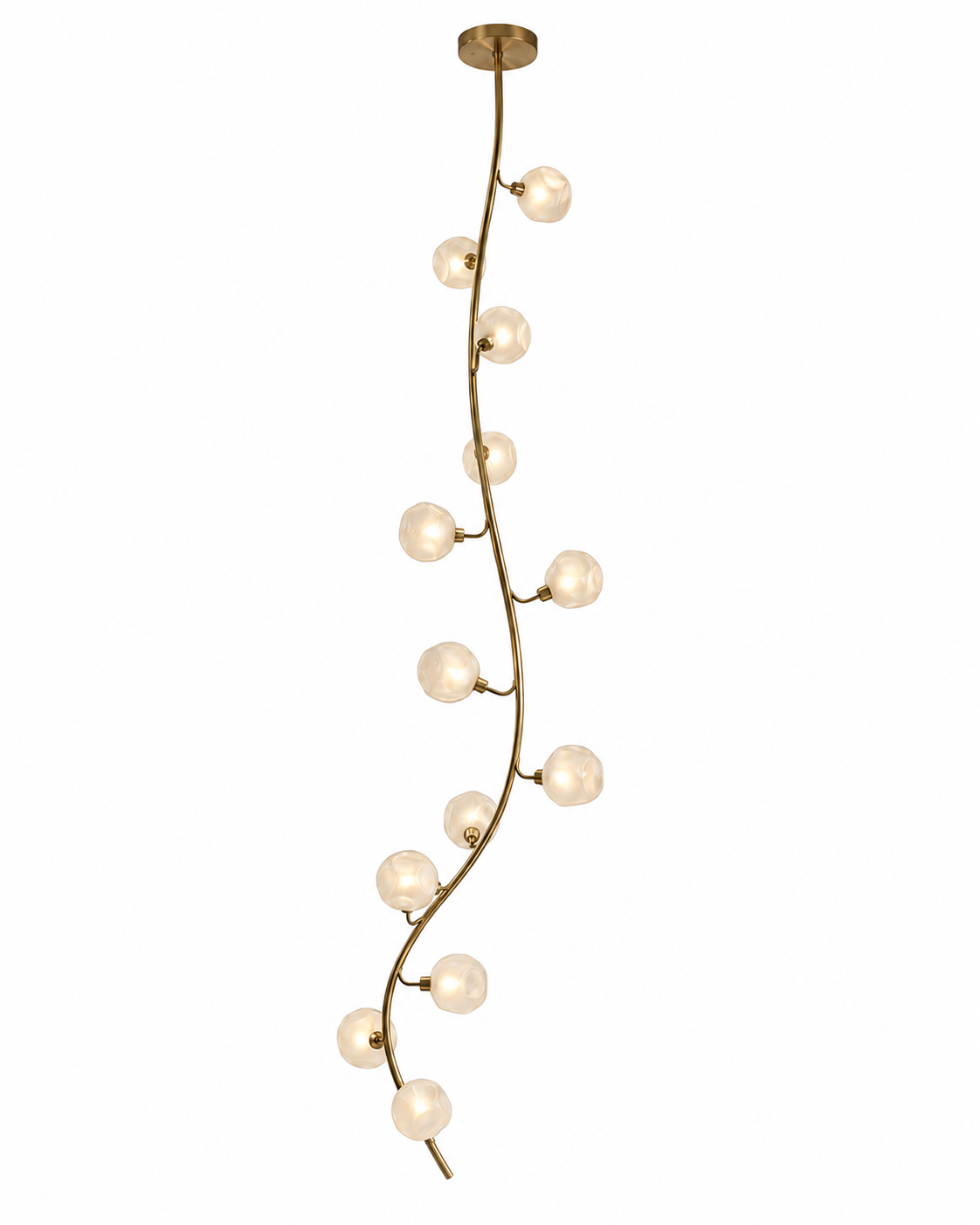 The Constellation Chandelier by The Qratist features a sculptural matte gold branching frame adorned with handcrafted glowing milky glass globes, creating an elegant botanical lighting statement.