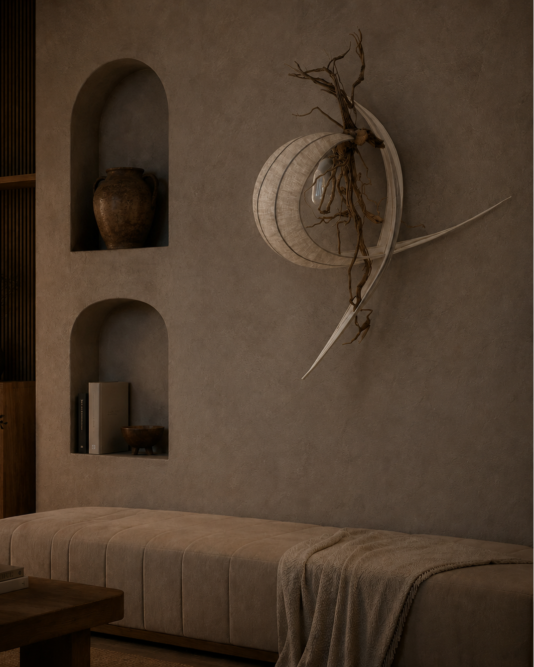 The Cove Wall Light by The Qratist features handcrafted driftwood and woven banana fibre paper arranged in a sculptural crescent design that creates warm ambient illumination.