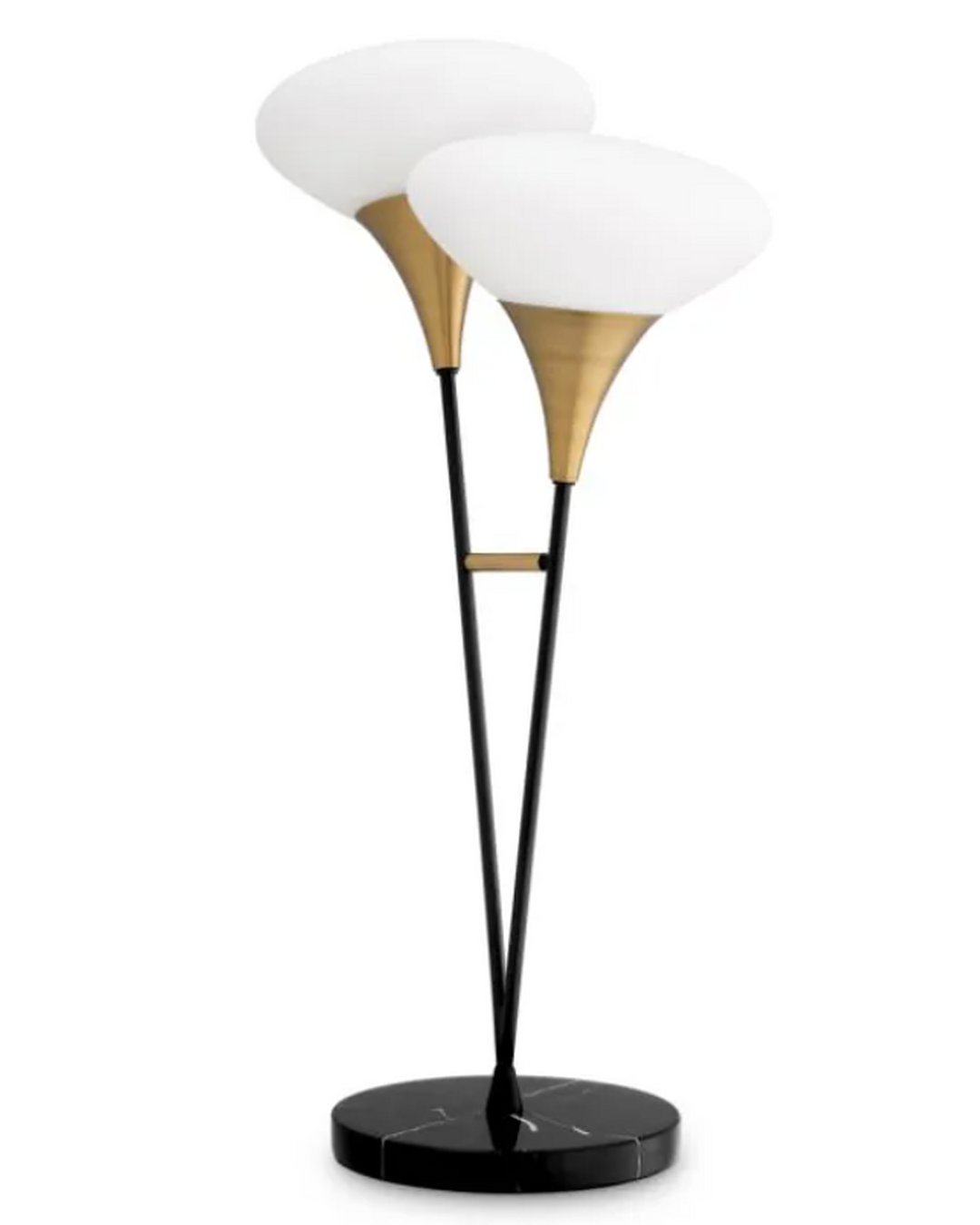 The Echo Floor Lamp by The Qratist features twin white glass shades that echo one another on an antique brass finished metal frame with a solid black marble base, creating warm ambient illumination.