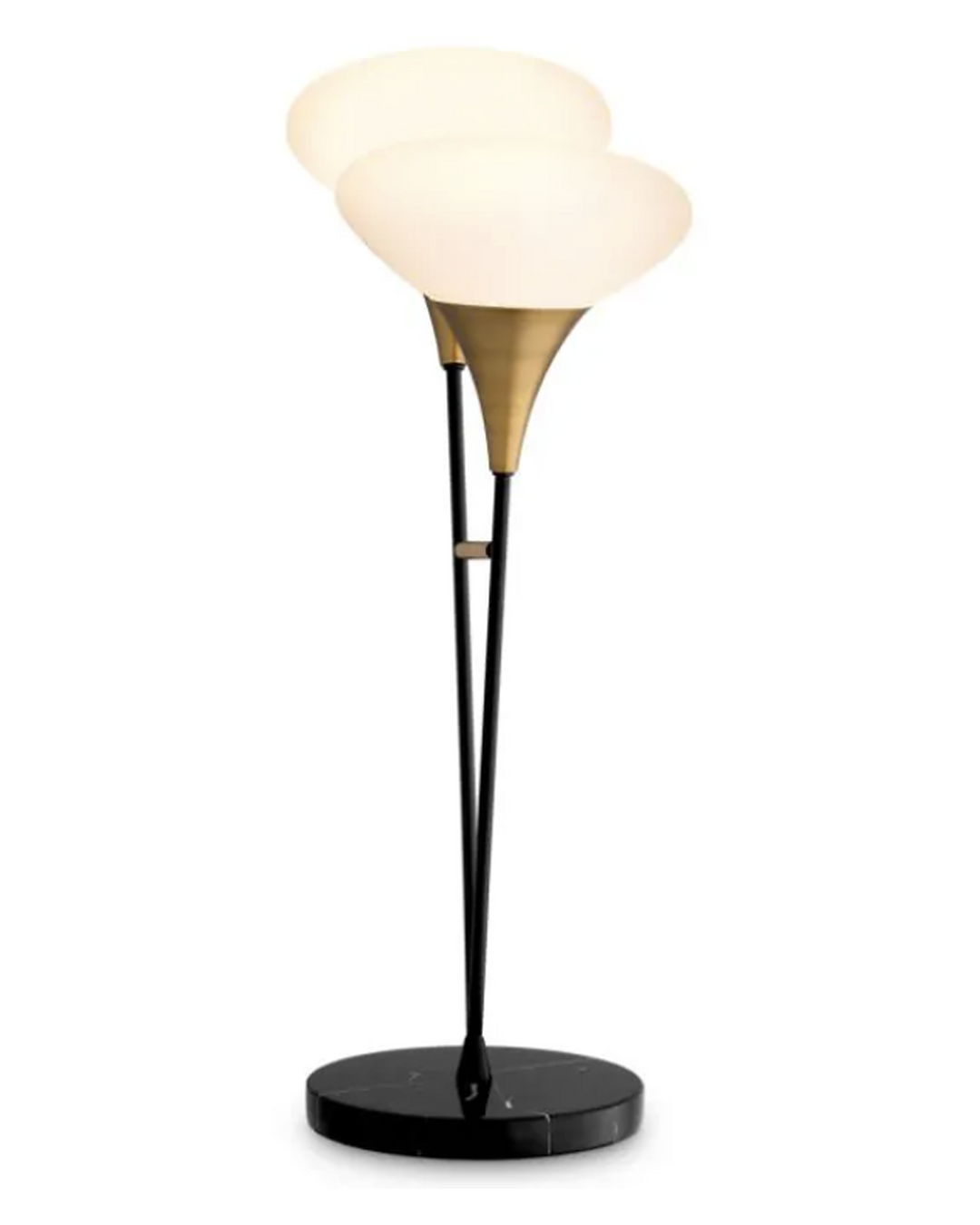 The Echo Floor Lamp by The Qratist features twin white glass shades that echo one another on an antique brass finished metal frame with a solid black marble base, creating warm ambient illumination.