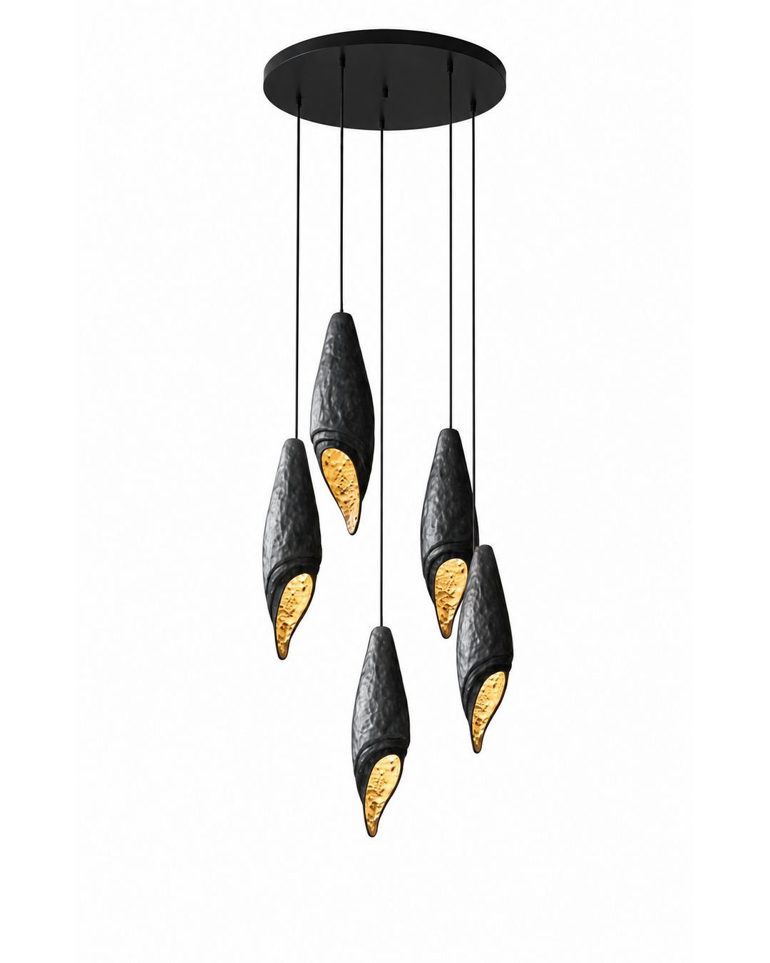 The Eclipse Cluster Chandelier by The Qratist features handcrafted dark gray brass pendants with textured gold interiors suspended in a sculptural clustered arrangement.