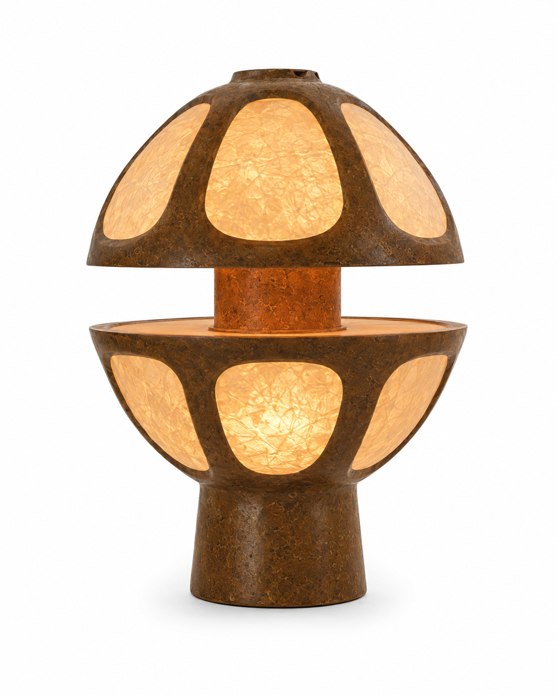 The Fungi Table Lamp by The Qratist features a sculptural mushroom inspired silhouette handcrafted from Unryu rice paper and metal, creating a warm ambient table lamp with soft natural illumination.