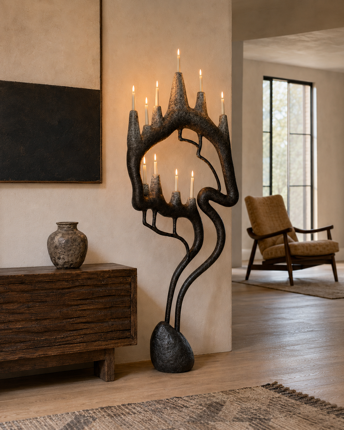 The Gothic Quarter Floor Lamp by The Qratist features a handcrafted sculptural metal frame inspired by Gothic architecture, rising organically from a solid stone base with candle inspired warm ambient illumination.