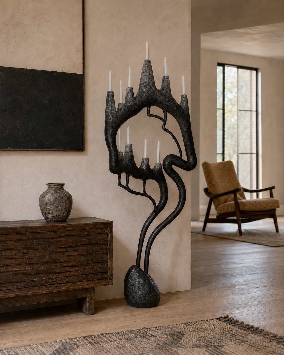 The Gothic Quarter Floor Lamp by The Qratist features a handcrafted sculptural metal frame inspired by Gothic architecture, rising organically from a solid stone base with candle inspired warm ambient illumination.