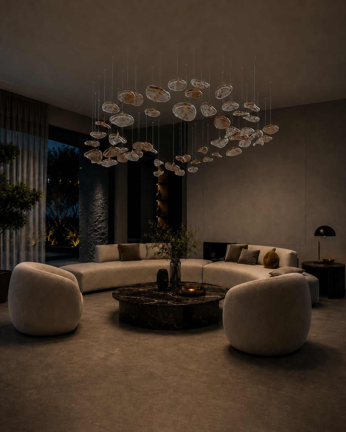 The Halo Chandelier by The Qratist features suspended rose gold glass elements arranged in a sculptural circular composition inspired by a radiant halo.