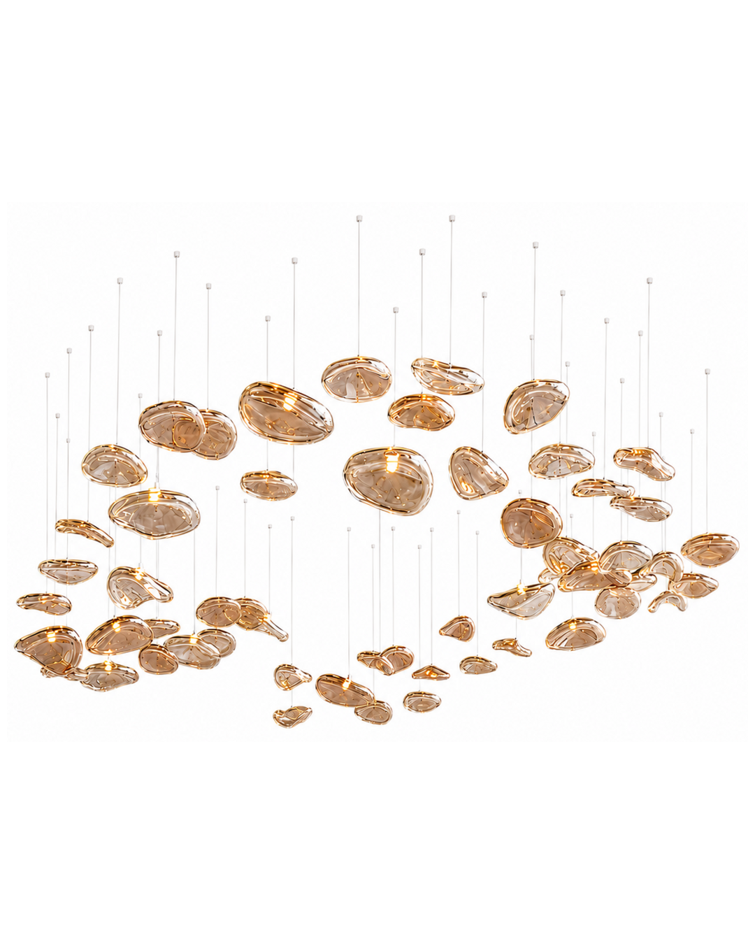 The Halo Chandelier by The Qratist features suspended rose gold glass elements arranged in a sculptural circular composition inspired by a radiant halo.