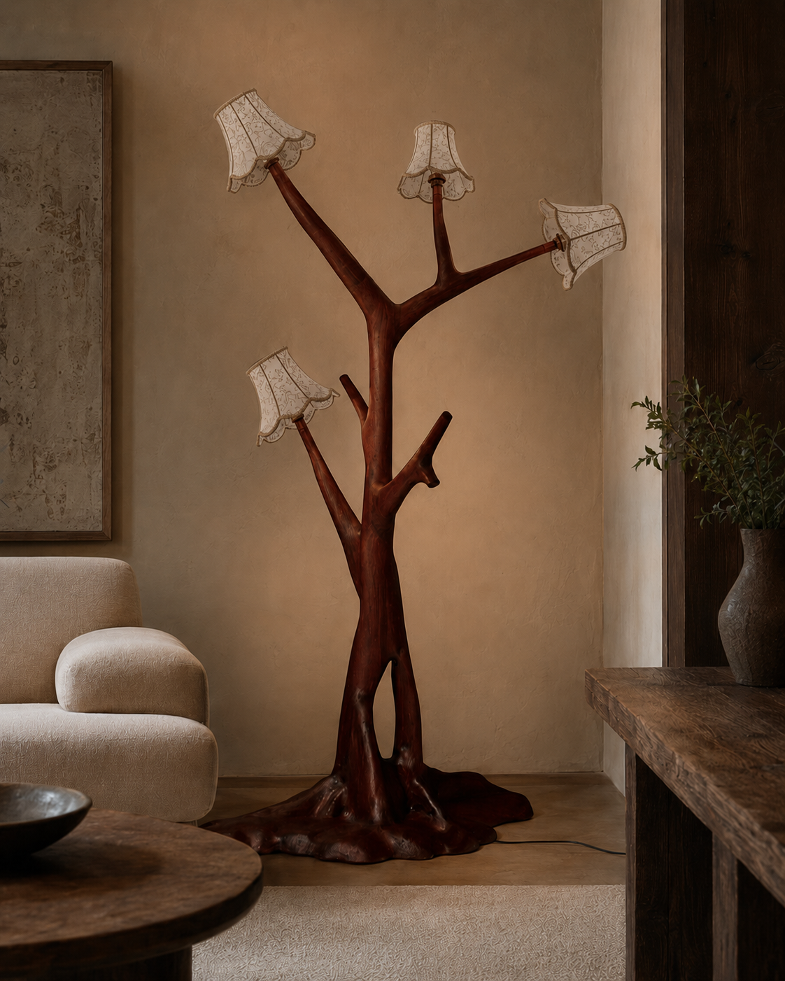 The Hat Trick Floor Lamp by The Qratist features a handcrafted tree inspired wooden structure with four tailored fabric shades, creating warm ambient illumination with sculptural elegance.