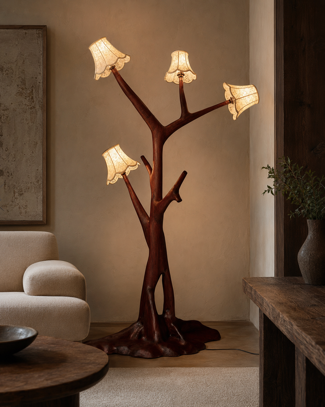 The Hat Trick Floor Lamp by The Qratist features a handcrafted tree inspired wooden structure with four tailored fabric shades, creating warm ambient illumination with sculptural elegance.