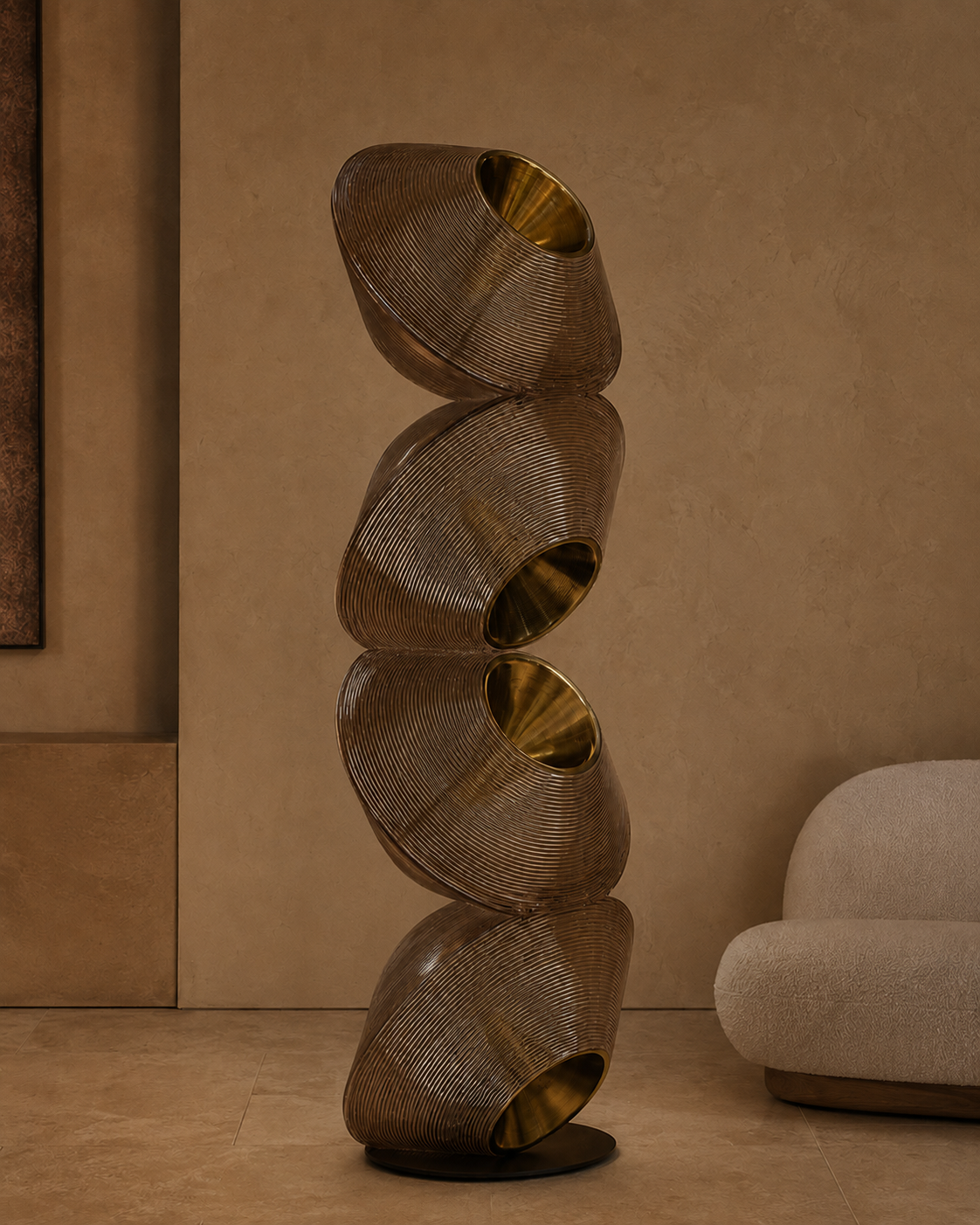 The Hourglass Floor Lamp by The Qratist features stacked sculptural recycled plastic forms with brass finished metal detailing, creating a striking architectural floor lighting statement inspired by the flowing silhouette of an hourglass.
