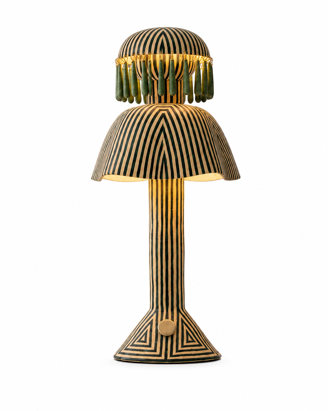 The Jellyfish Table Lamp by The Qratist features handcrafted striped porcelain and stoneware with elegant hanging ceramic pendants, creating a sculptural statement table lamp inspired by the graceful movement of a jellyfish.