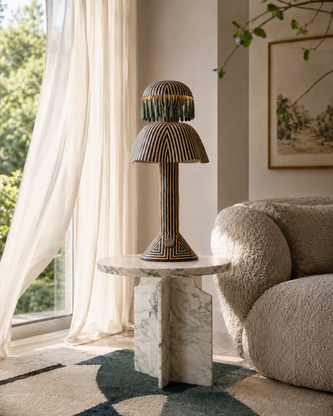 The Jellyfish Table Lamp by The Qratist features handcrafted striped porcelain and stoneware with elegant hanging ceramic pendants, creating a sculptural statement table lamp inspired by the graceful movement of a jellyfish.