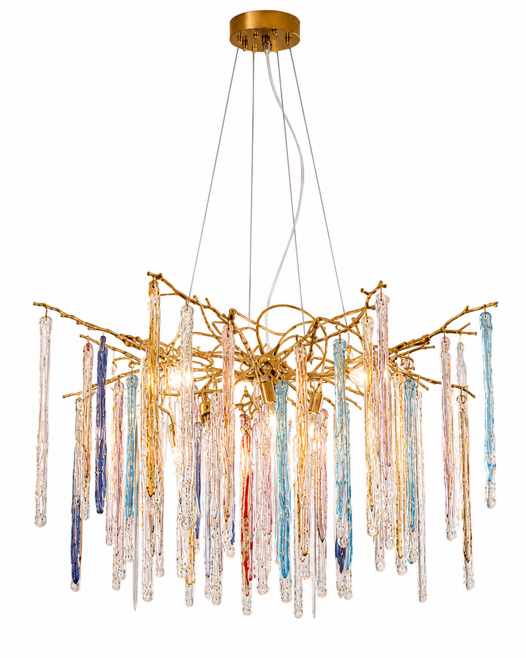 The Kryptonite Chandelier by The Qratist features handcrafted glass rods suspended from an organic brass framework, creating a bold sculptural statement inspired by crystalline formations.