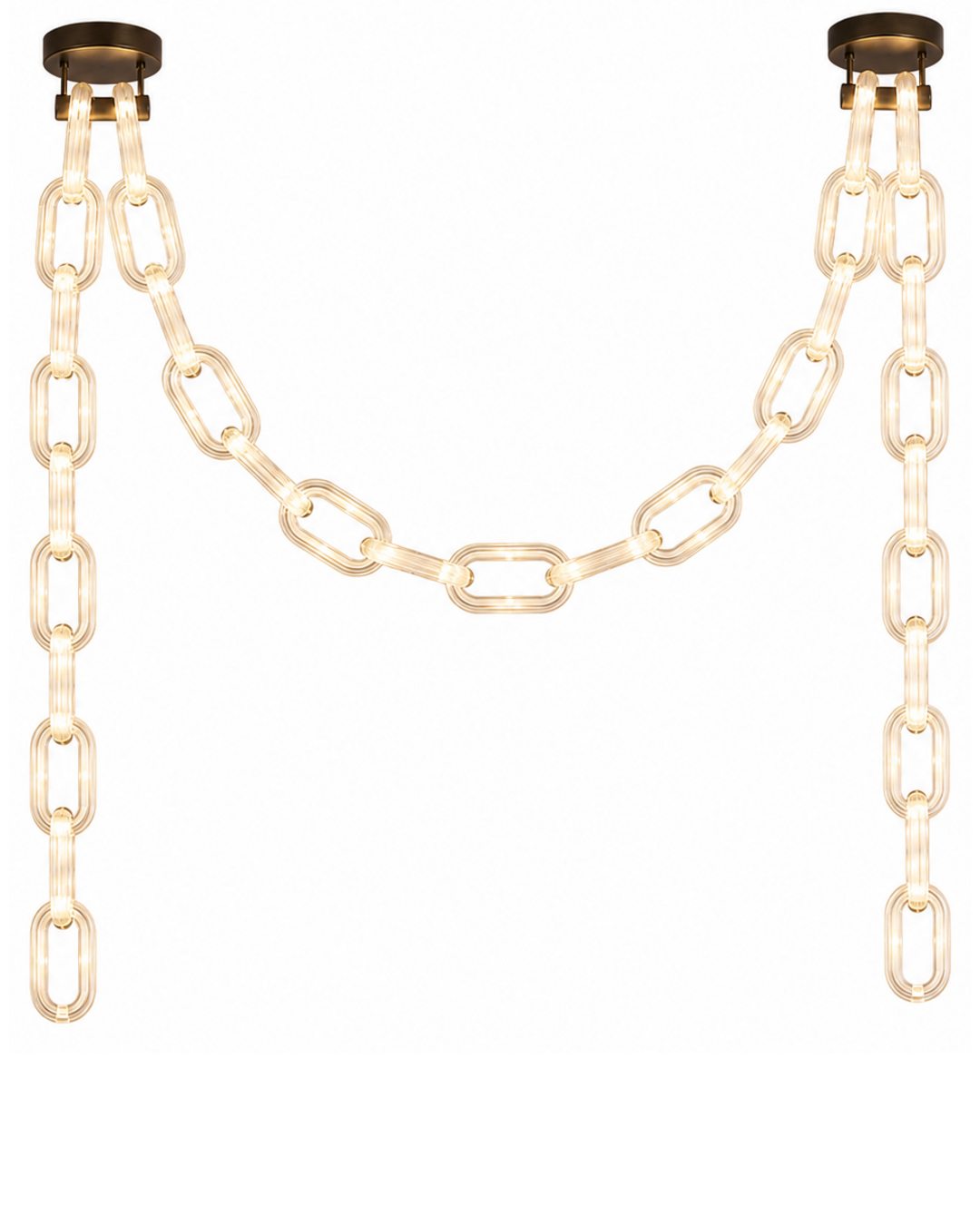 The Linked Chandelier by The Qratist features illuminated glass chain links suspended from a sleek metal frame, creating a bold contemporary architectural statement.