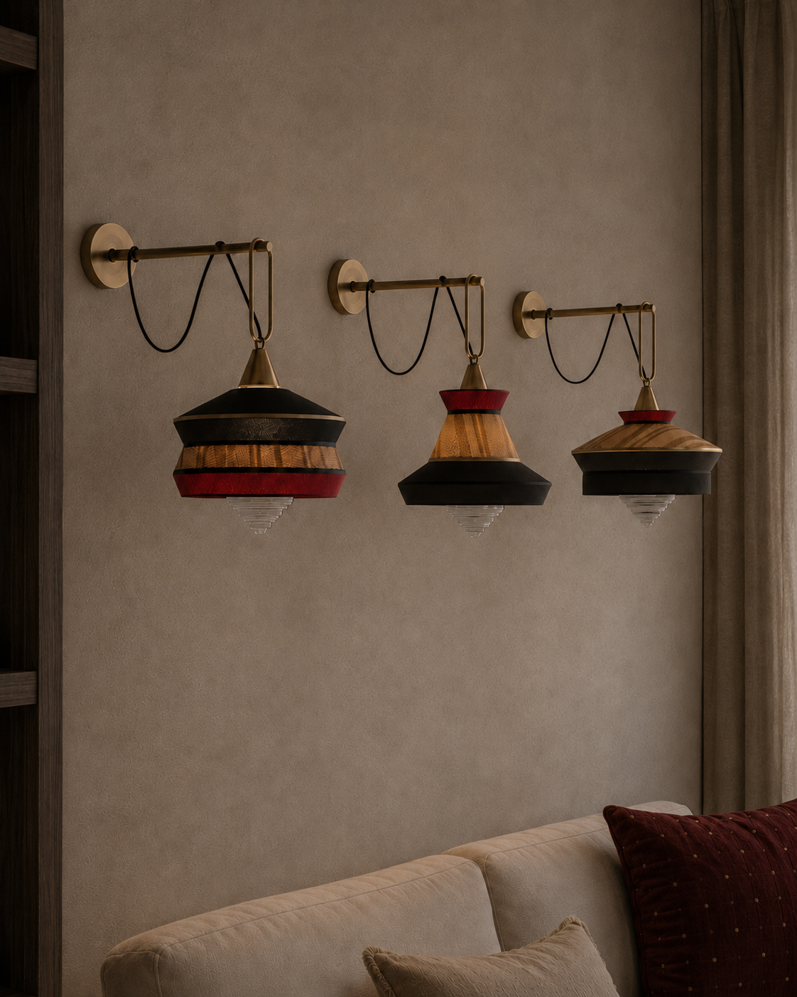 The London Wall Light by The Qratist features handcrafted metal, fabric, and glass in a lantern inspired design that creates warm ambient illumination.