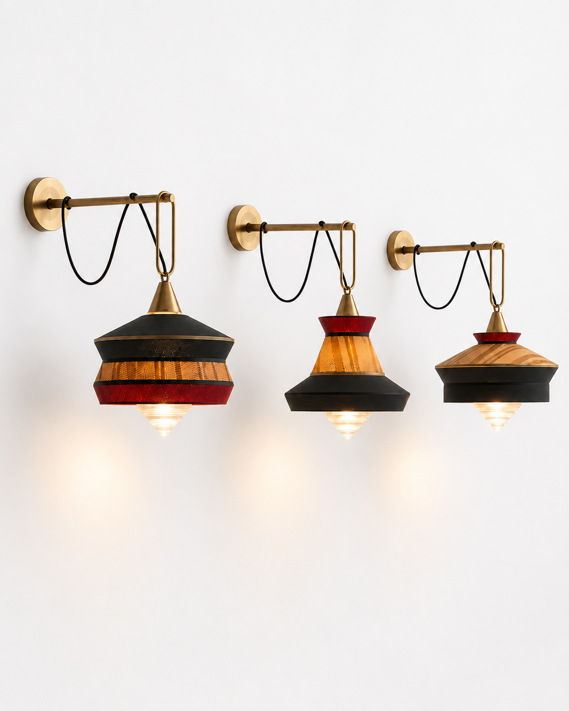 The London Wall Light by The Qratist features handcrafted metal, fabric, and glass in a lantern inspired design that creates warm ambient illumination.