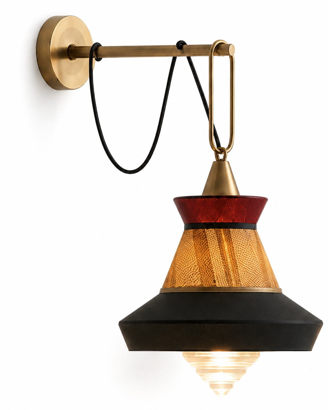 The London Wall Light by The Qratist features handcrafted metal, fabric, and glass in a lantern inspired design that creates warm ambient illumination.
