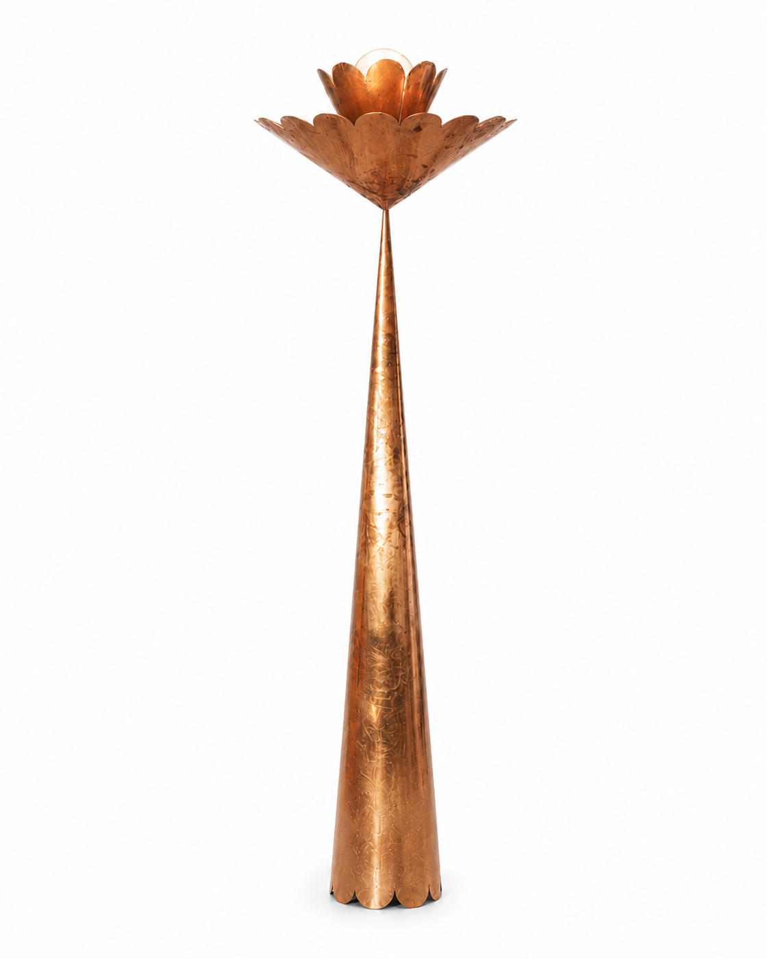 The Lotus Floor Lamp by The Qratist features handcrafted copper finished metal petals inspired by the graceful bloom of a lotus flower, creating an elegant sculptural floor lighting statement.