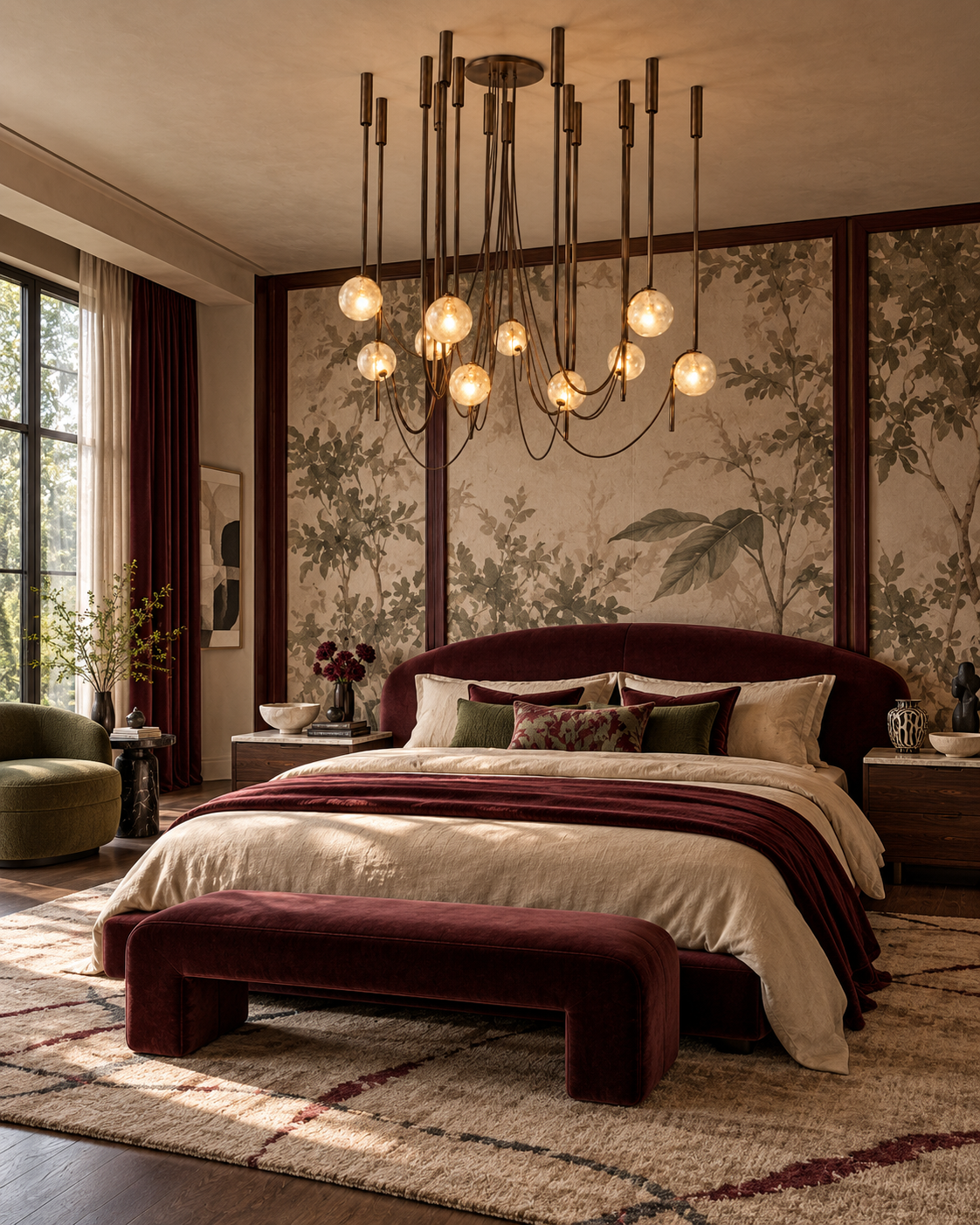 The Lure Chandelier by The Qratist features bronze finished stainless steel rods and suspended glass globes arranged in a flowing sculptural composition.