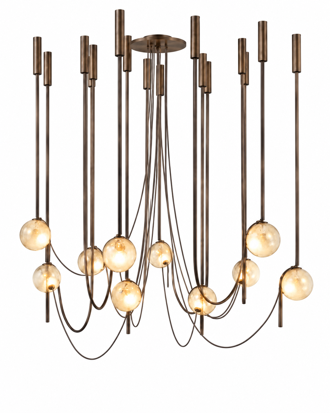 The Lure Chandelier by The Qratist features bronze finished stainless steel rods and suspended glass globes arranged in a flowing sculptural composition.