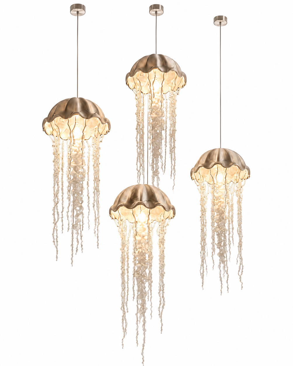 The Medusa Chandelier by The Qratist features handcrafted crystal glass threads and ribbons suspended from a nickel finished frame, creating a graceful jellyfish inspired silhouette.