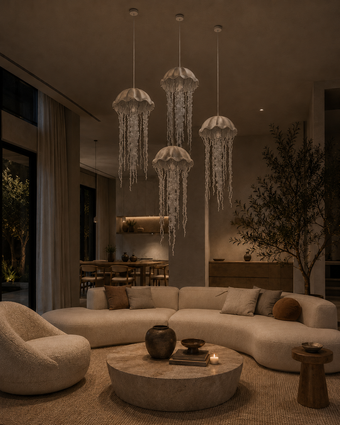 The Medusa Chandelier by The Qratist features handcrafted crystal glass threads and ribbons suspended from a nickel finished frame, creating a graceful jellyfish inspired silhouette.