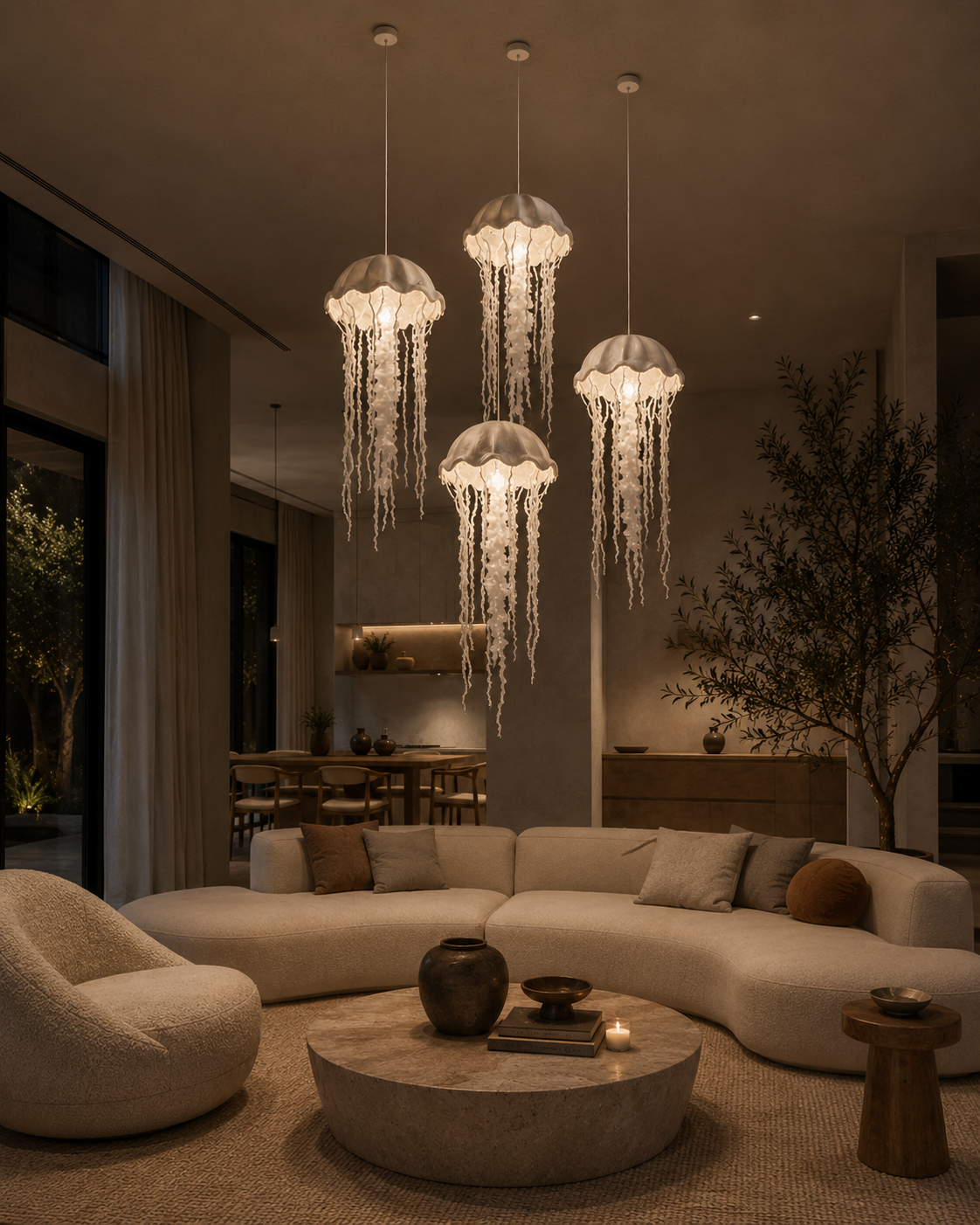 The Medusa Chandelier by The Qratist features handcrafted crystal glass threads and ribbons suspended from a nickel finished frame, creating a graceful jellyfish inspired silhouette.
