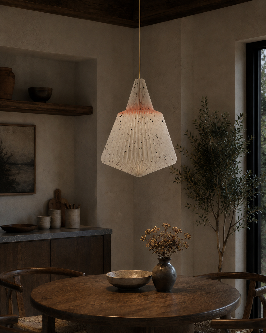 The Parchment Pendant Chandelier by The Qratist features a handcrafted pleated shade made from recycled synthetic and natural fibres, creating a warm sculptural statement with soft ambient lighting.