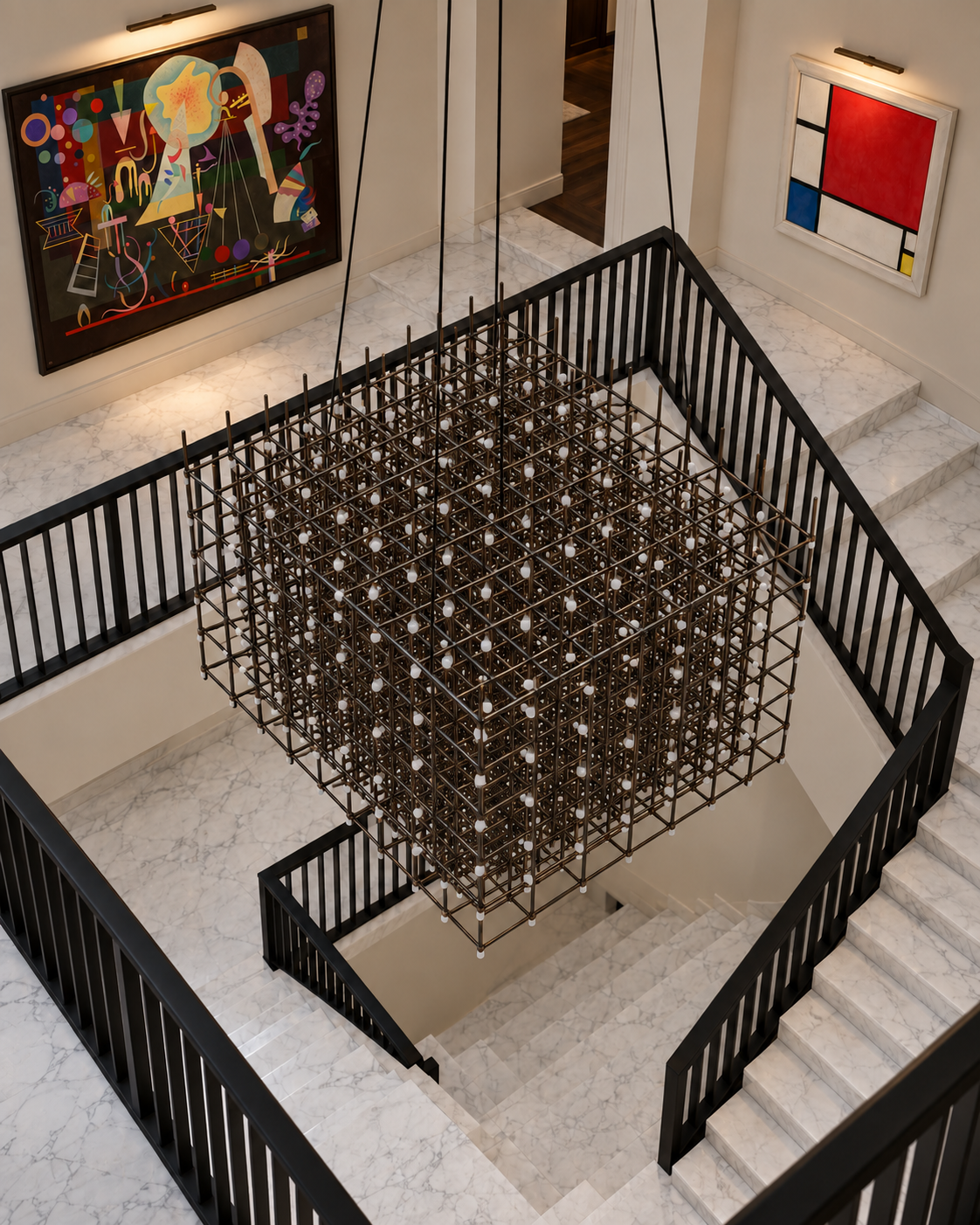 The Rubik's Cube Chandelier by The Qratist features an intricate antique bronze metal grid with integrated LED light points arranged in a sculptural cube formation.