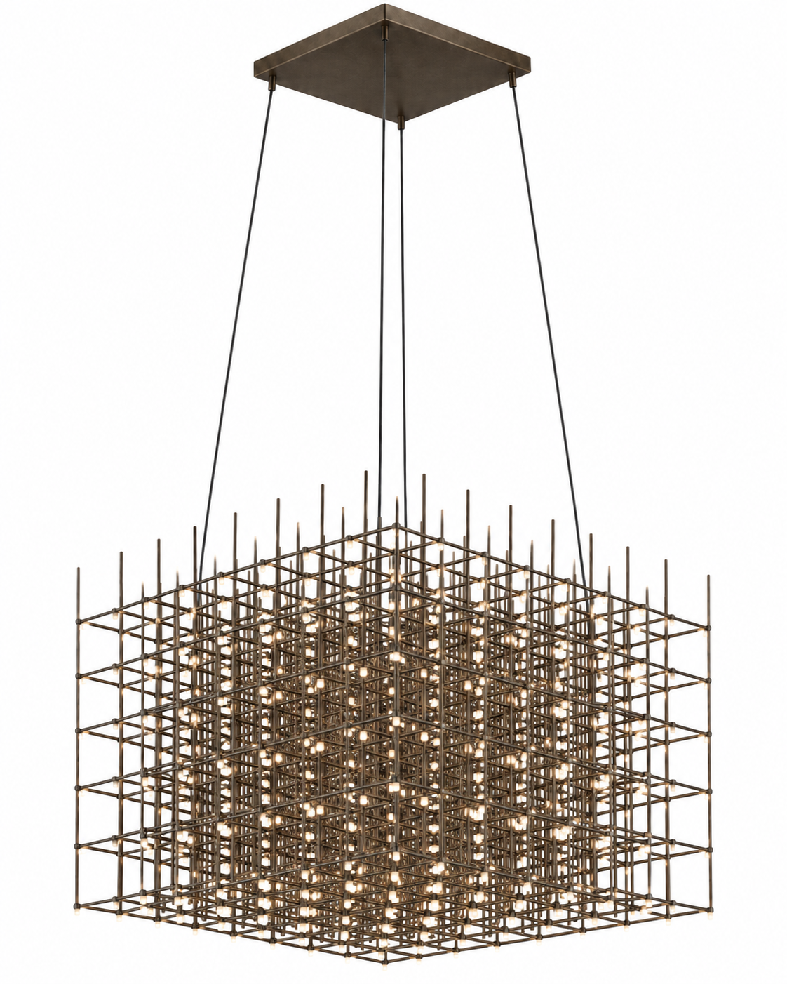 The Rubik's Cube Chandelier by The Qratist features an intricate antique bronze metal grid with integrated LED light points arranged in a sculptural cube formation.
