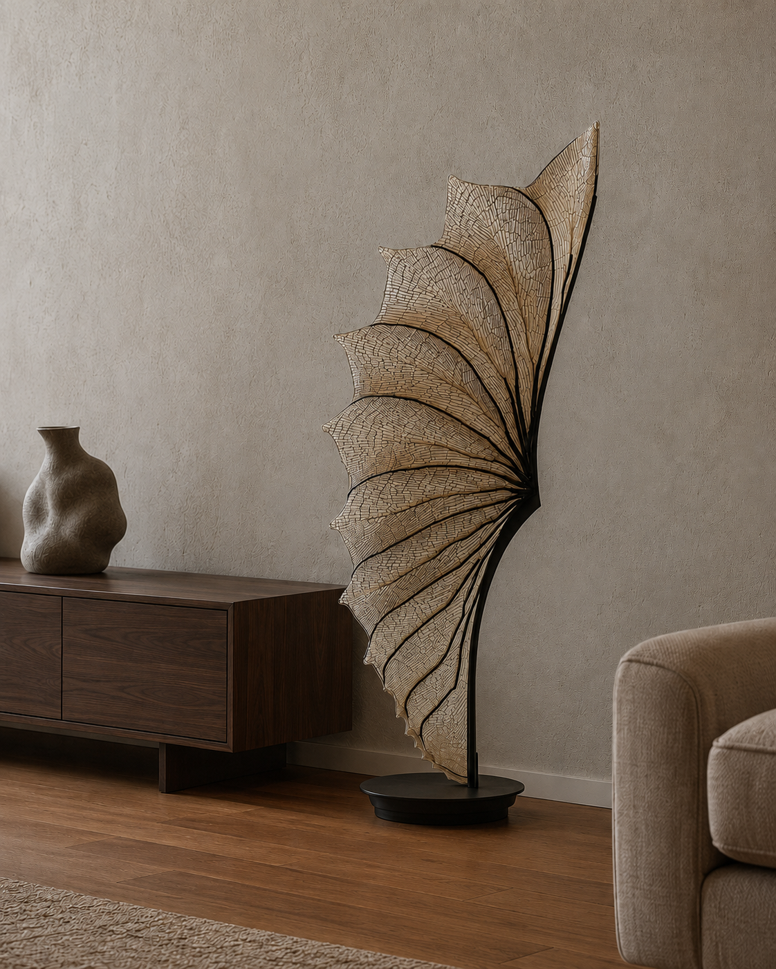 The Seahorse Floor Lamp by The Qratist features a handcrafted steel frame with flowing silk and resin panels inspired by the graceful form of a seahorse, creating a sculptural floor lamp with a warm ambient glow.