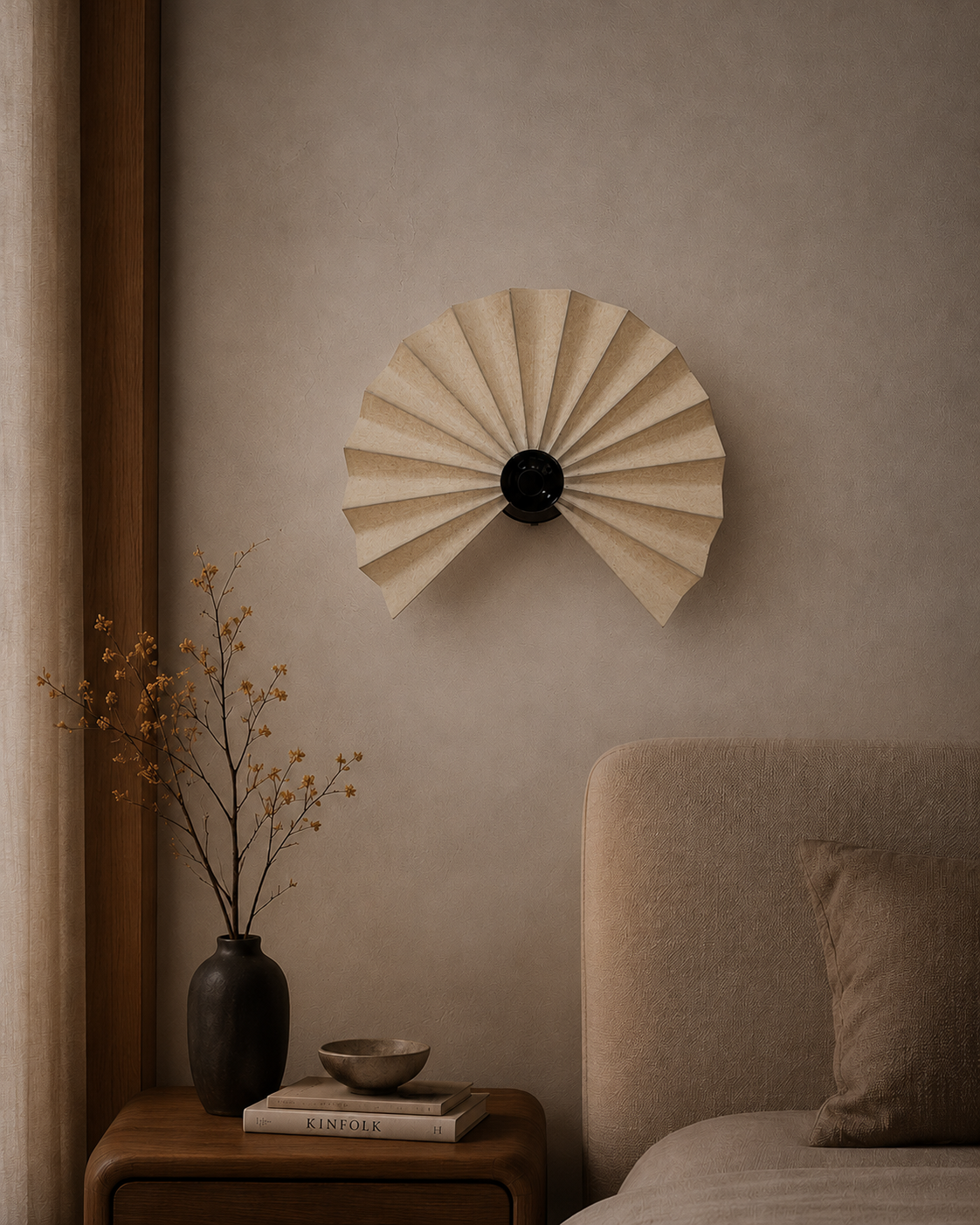 The Sensu Wall Light by The Qratist features handcrafted folded paper panels and a metal frame inspired by the traditional Japanese sensu fan, creating warm ambient illumination.