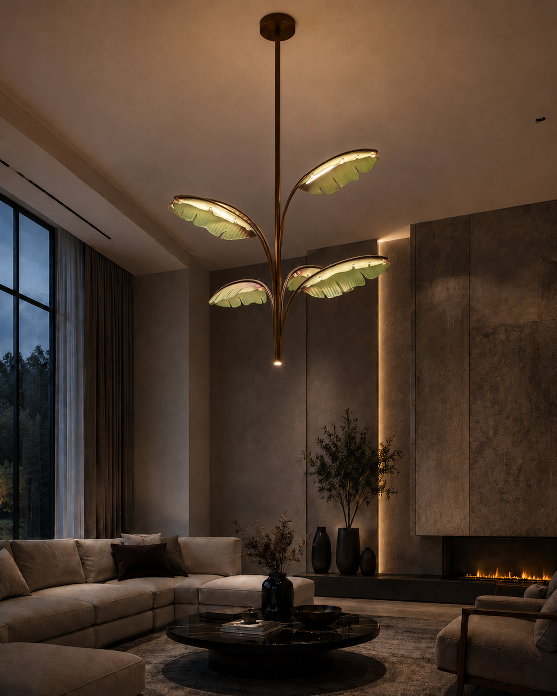 The Strelitzia Chandelier by The Qratist features sculpted resin leaves arranged on a slender metal frame, creating a contemporary botanical lighting statement inspired by the Bird of Paradise plant.
