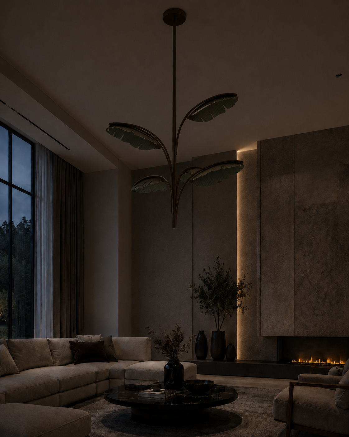 The Strelitzia Chandelier by The Qratist features sculpted resin leaves arranged on a slender metal frame, creating a contemporary botanical lighting statement inspired by the Bird of Paradise plant.