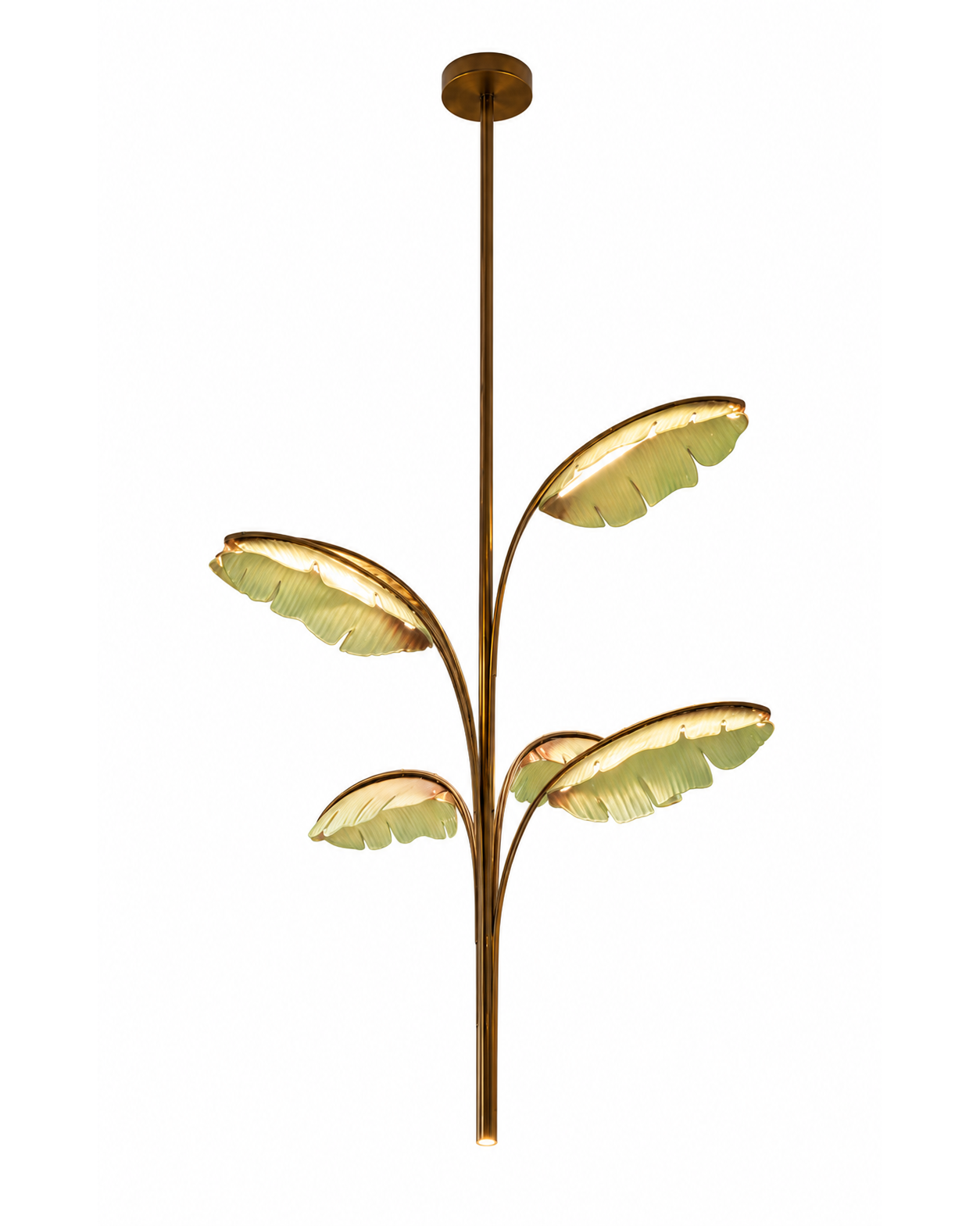 The Strelitzia Chandelier by The Qratist features handcrafted illuminated porcelain leaves mounted on a gold plated branching frame, creating a sculptural botanical statement inspired by the Bird of Paradise plant.